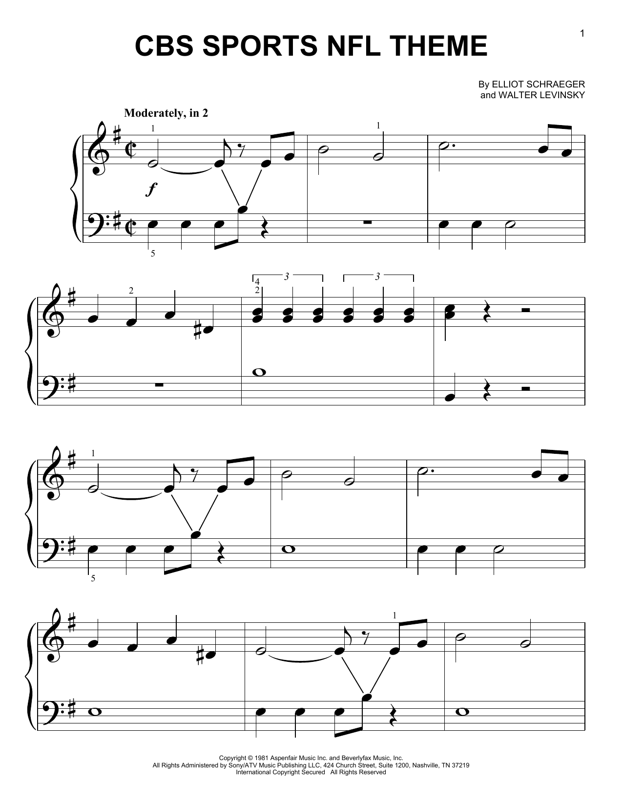 Learn to play Elliot Schraeger and Walter Levinsky CBS Sports NFL Theme sheet music for Big Note Piano in minutes. Price: 6.9900$ Elliot Schraeger and Walter Levinsky CBS Sports NFL Theme sheet music notes and chords arranged for Big Note Piano