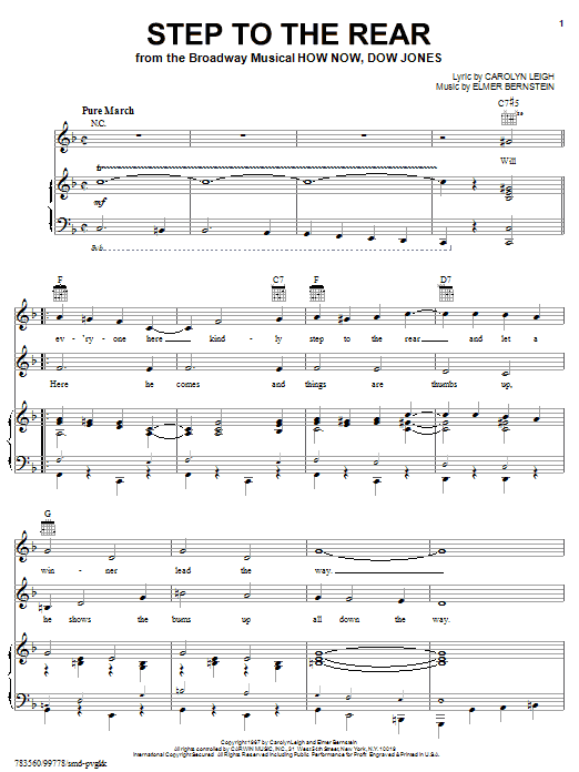 Learn to play Elmer Bernstein Step To The Rear sheet music for Piano, Vocal & Guitar (Right-Hand Melody) in minutes. Price: 7.8900$ Elmer Bernstein Step To The Rear sheet music notes and chords. Download Printable PDF.