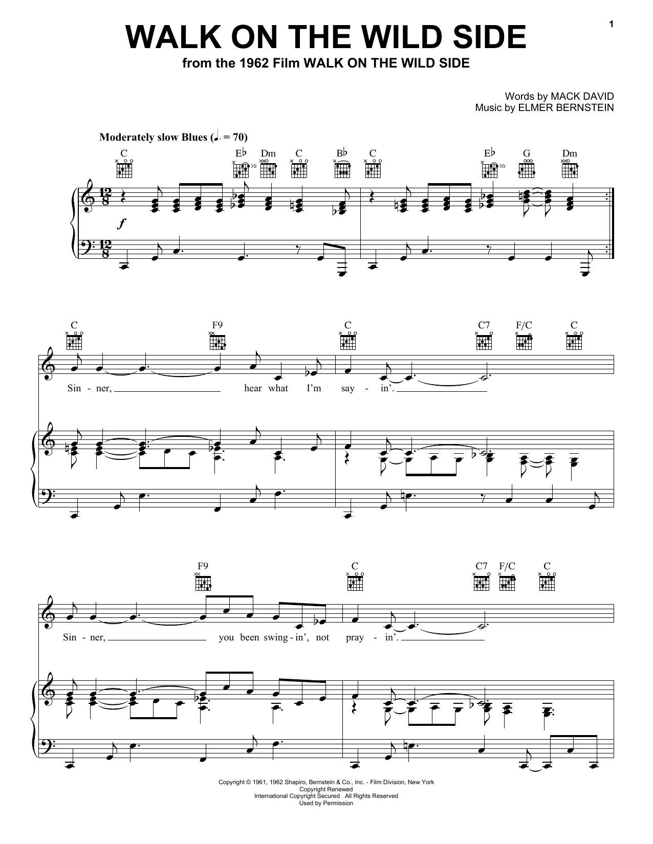 Elmer Bernstein Walk On The Wild Side sheet music notes and chords. Download Printable PDF.
