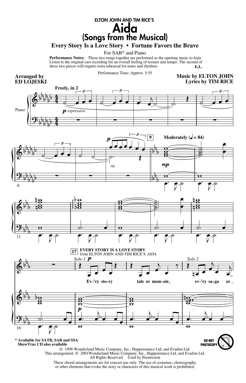 Elton John & Tim Rice Aida (Songs from the Musical) (arr. Ed Lojeski) sheet music notes and chords. Download Printable PDF.