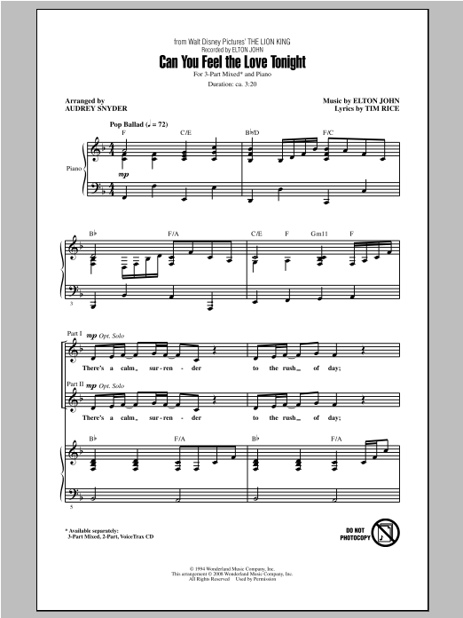 Elton John Can You Feel The Love Tonight (from The Lion King) (arr. Audrey Snyder) sheet music notes and chords. Download Printable PDF.