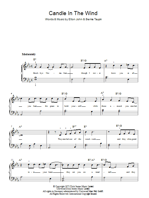 Elton John Candle In The Wind sheet music notes and chords. Download Printable PDF.