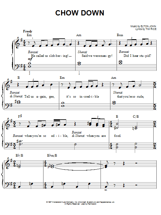 Elton John Chow Down (from The Lion King: Broadway Musical) sheet music notes and chords. Download Printable PDF.