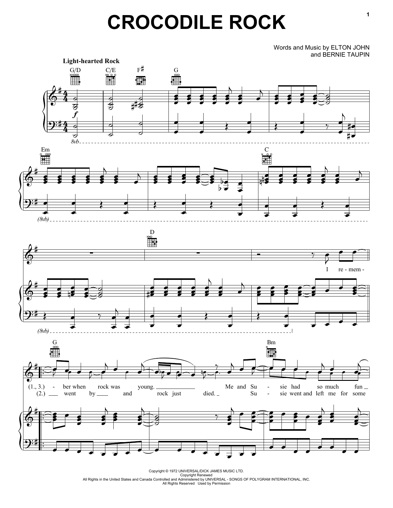 Elton John Crocodile Rock sheet music notes and chords. Download Printable PDF.