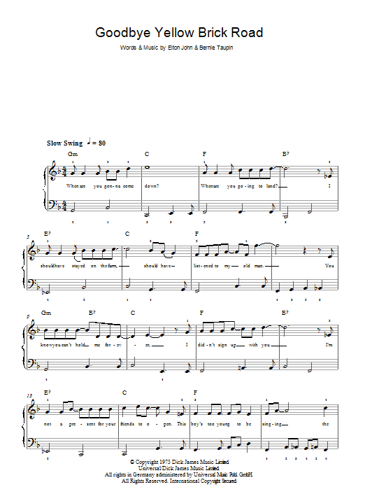 Elton John Goodbye Yellow Brick Road sheet music notes and chords. Download Printable PDF.