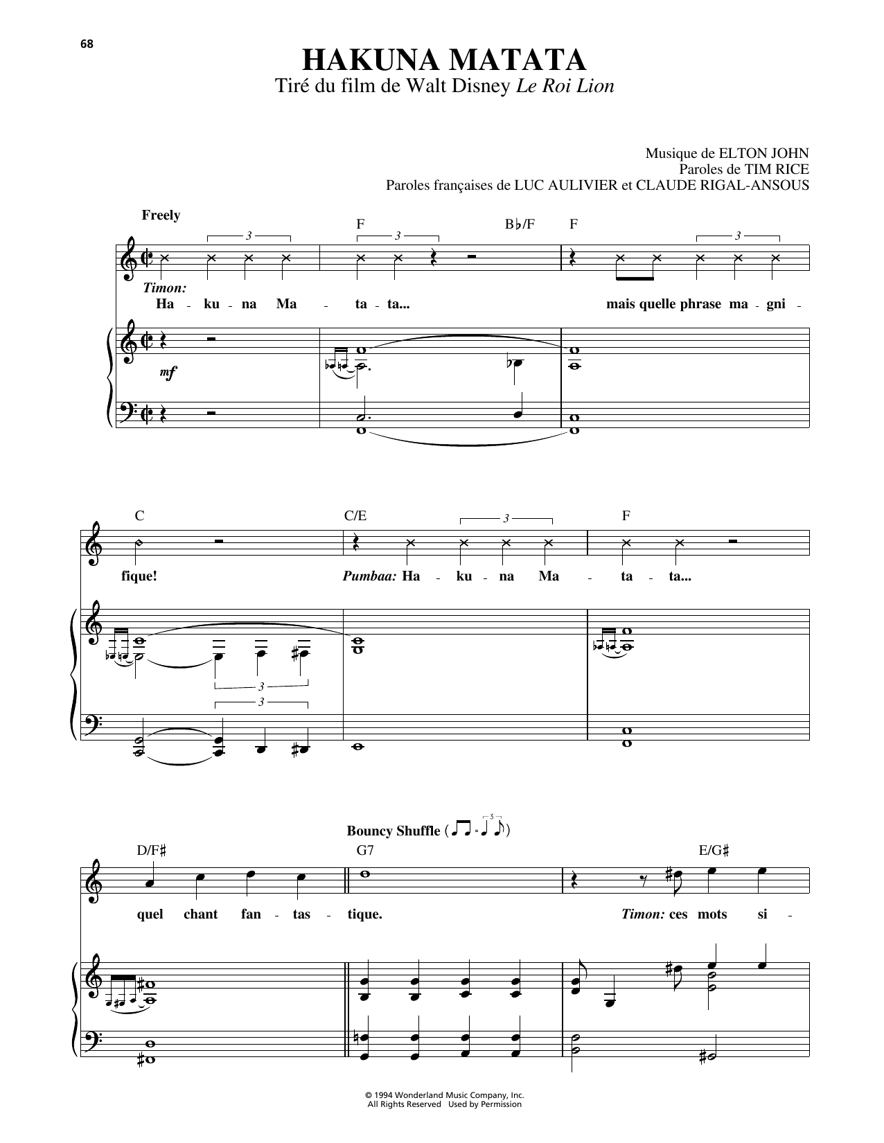 Elton John Hakuna Matata (from The Lion King) [French version] sheet music notes and chords. Download Printable PDF.