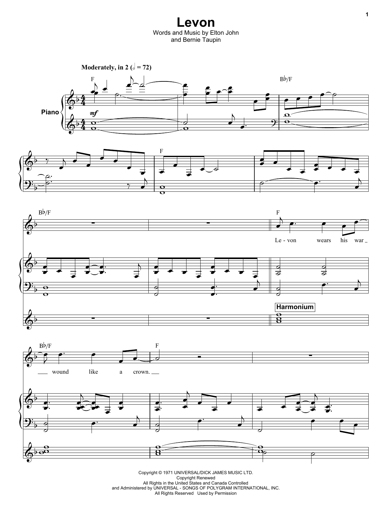 Elton John Levon sheet music notes and chords. Download Printable PDF.