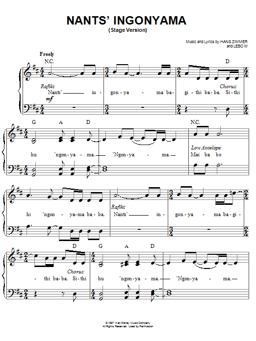 Learn to play Elton John Nants' Ingonyama (Stage Version) (from The Lion King: Broadway Musical) sheet music for Easy Piano in minutes. Price: 6.9900$ Elton John Nants' Ingonyama (Stage Version) (from The Lion King: Broadway Musical) sheet music notes and chords arranged for Easy Piano