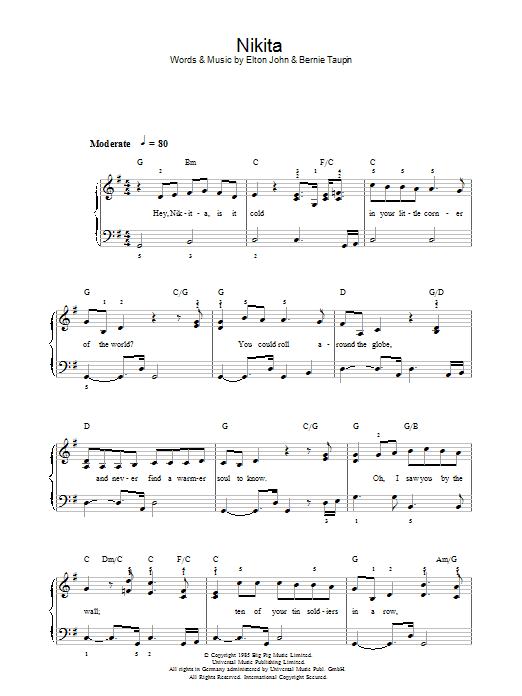 Elton John Nikita sheet music notes and chords arranged for Beginner Piano (Abridged)