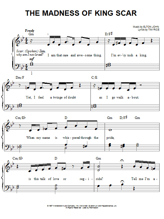 Elton John The Madness Of King Scar (from The Lion King: Broadway Musical) sheet music notes and chords. Download Printable PDF.