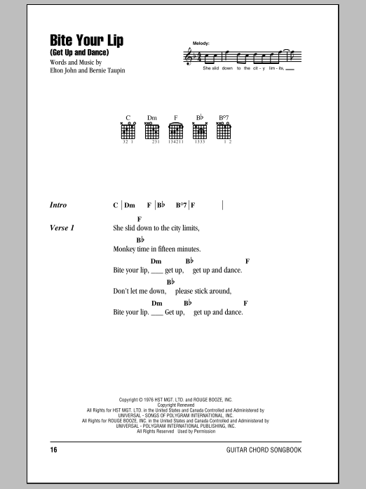 Preview Elton John Bite Your Lip (Get Up And Dance) Pop sheet music, notes and chords for Piano, Vocal & Guitar (Right-Hand Melody), SKU: 56111 sheet music, piano notes, chords, guitar tabs, score, transpose, transcribe, how to play, guide, download, learn, tutorial, progression, song, artist, awards, billboard, mtv, vh1, tour, single, album, release
