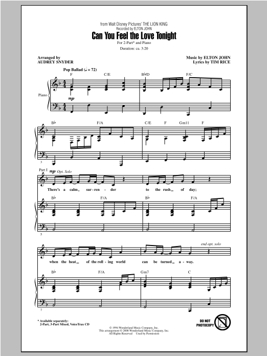 Elton John Can You Feel The Love Tonight From The Lion King Arr Audrey Snyder Sheet Music Pdf Notes Chords Disney Score 2 Part Choir Download Printable Sku 94877