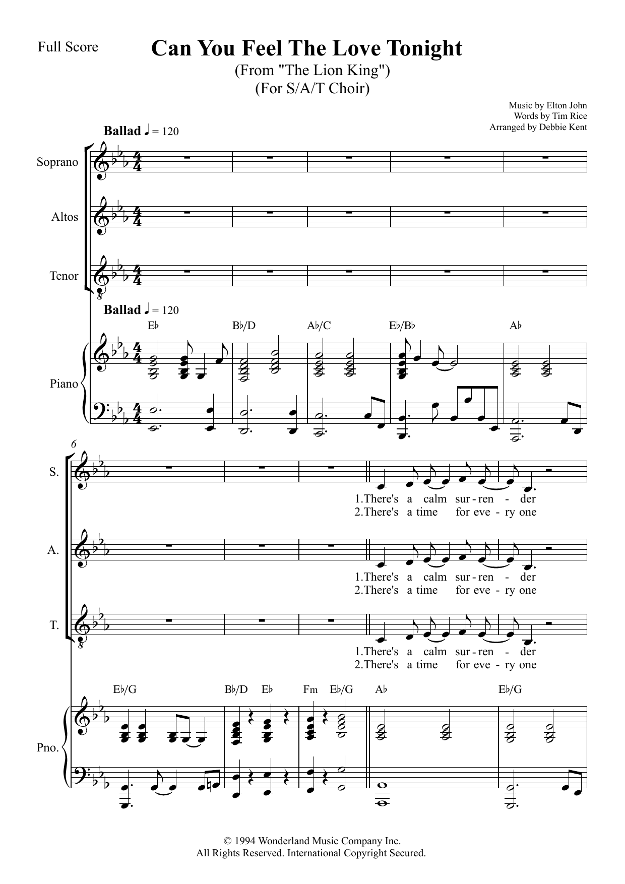 Elton John Can You Feel The Love Tonight (from The Lion King) (arr. Debbie Kent) sheet music notes and chords. Download Printable PDF.