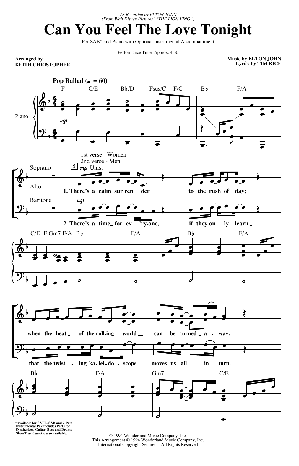 Elton John Can You Feel The Love Tonight From The Lion King Arr Keith Christopher Sheet Music Pdf Notes Chords Disney Score Satb Choir Download Printable Sku 414810