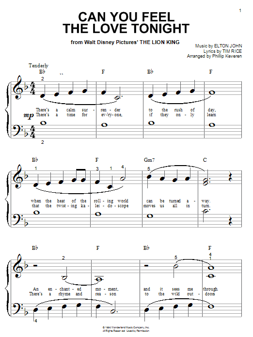 Learn to play Elton John Can You Feel The Love Tonight (from The Lion King) (arr. Phillip Keveren) sheet music for Piano Solo in minutes. Price: 6.9900$ Elton John Can You Feel The Love Tonight (from The Lion King) (arr. Phillip Keveren) sheet music notes and chords arranged for Piano Solo