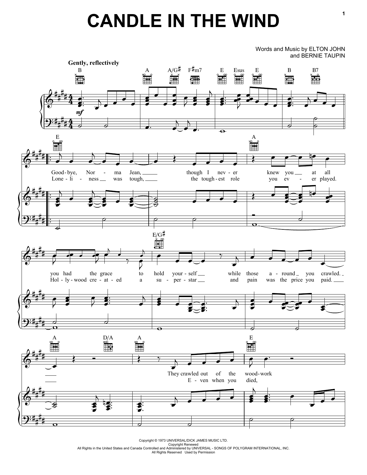 Elton John Candle In The Wind sheet music notes and chords. Download Printable PDF.