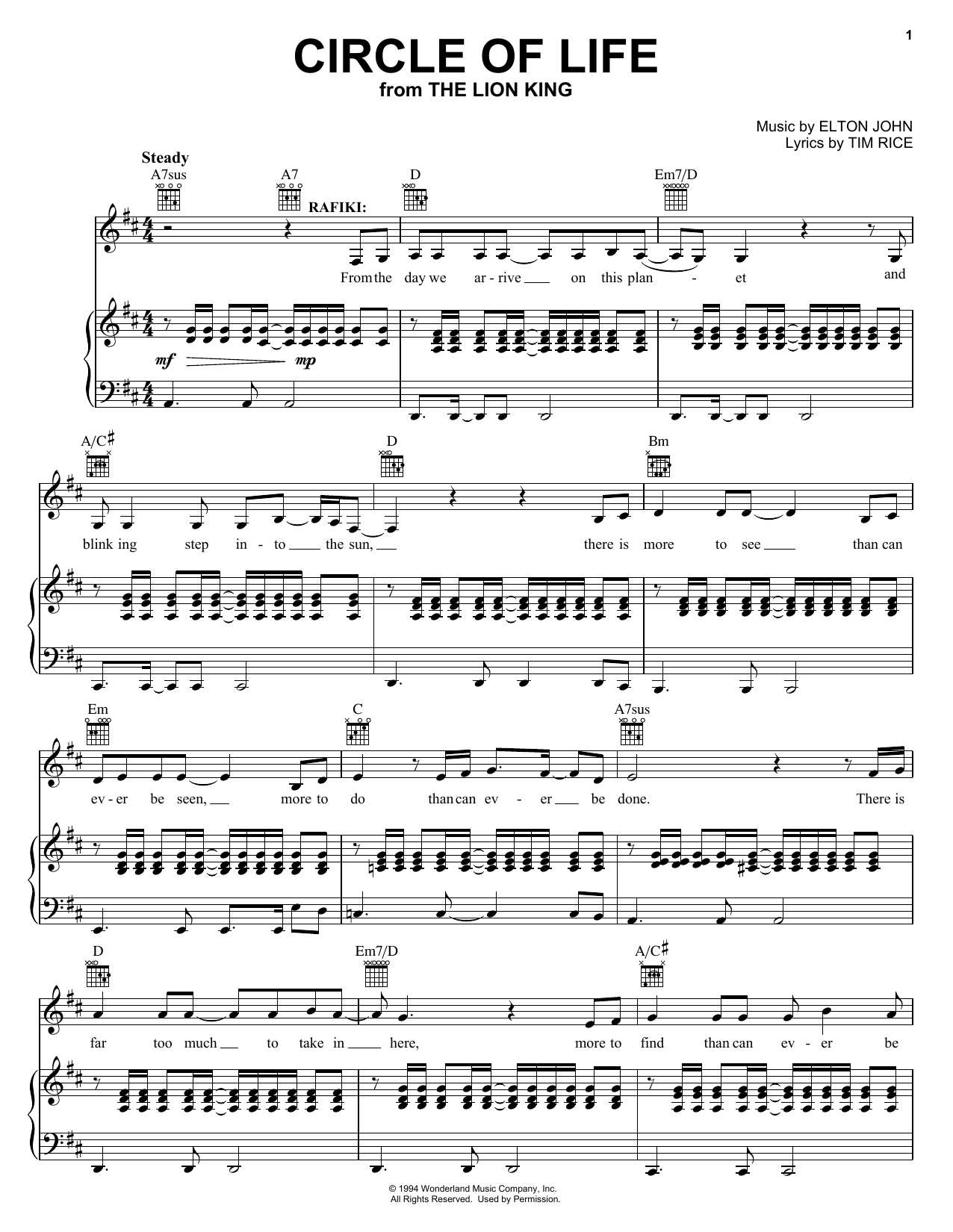 Preview Elton John Circle Of Life Pop sheet music, notes and chords for Piano, Vocal & Guitar (Right-Hand Melody), SKU: 16275 sheet music, piano notes, chords, guitar tabs, score, transpose, transcribe, how to play, guide, download, learn, tutorial, progression, song, artist, awards, billboard, mtv, vh1, tour, single, album, release