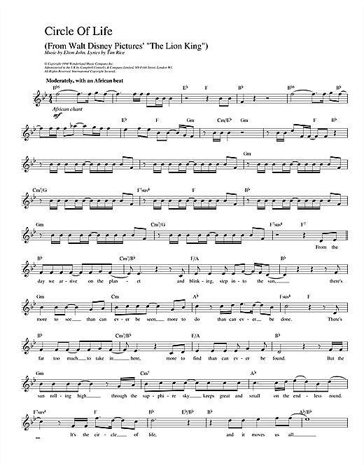 Elton John Circle Of Life (from The Lion King) sheet music notes and chords. Download Printable PDF.