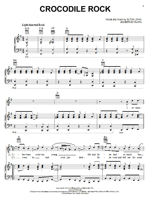 Elton John Crocodile Rock sheet music notes and chords. Download Printable PDF.