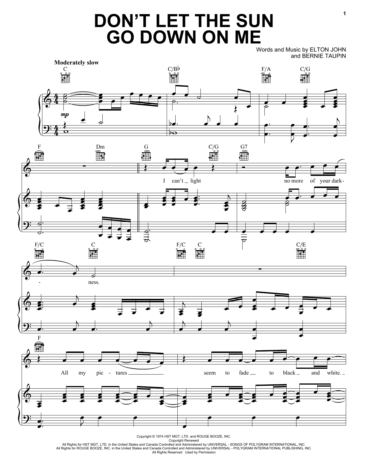 Elton John Don't Let The Sun Go Down On Me sheet music notes and chords. Download Printable PDF.