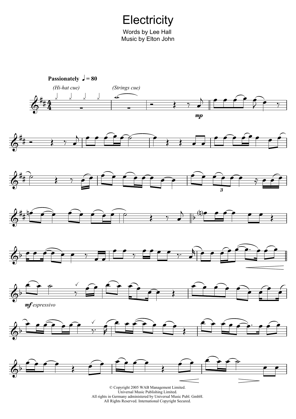 Elton John Electricity (from Billy Elliot: The Musical) sheet music notes and chords. Download Printable PDF.