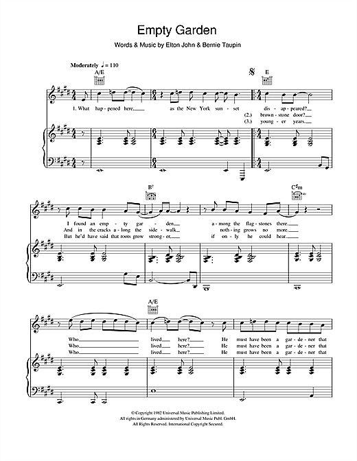 Elton John Empty Garden sheet music notes and chords. Download Printable PDF.