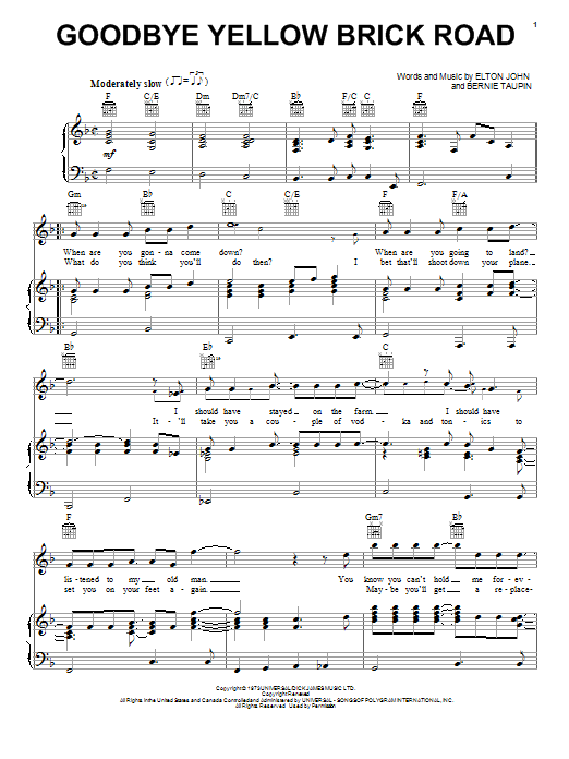 Elton John Goodbye Yellow Brick Road sheet music notes and chords. Download Printable PDF.