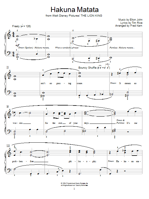 Elton John Hakuna Matata sheet music notes and chords. Download Printable PDF.