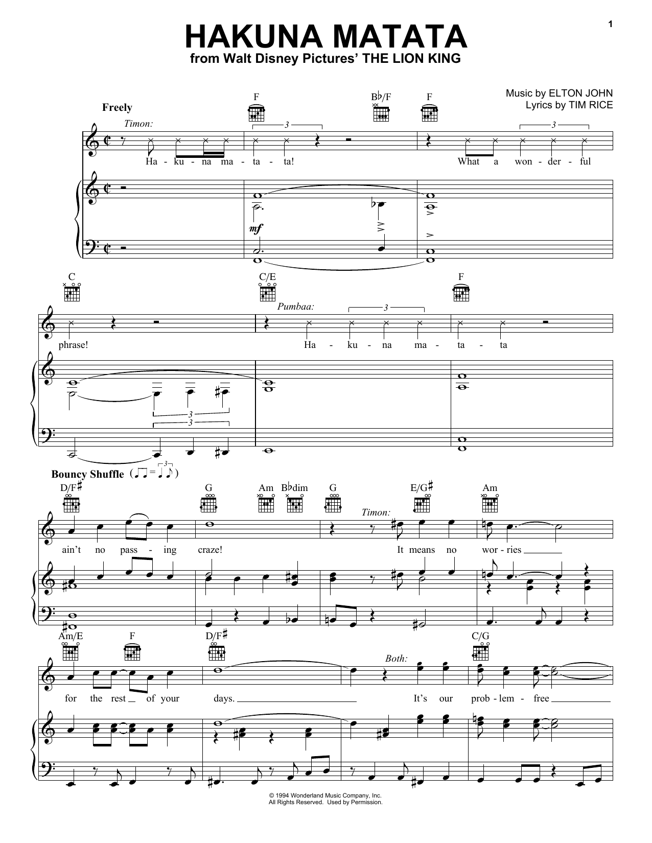 Elton John Hakuna Matata (from The Lion King) sheet music notes and chords. Download Printable PDF.