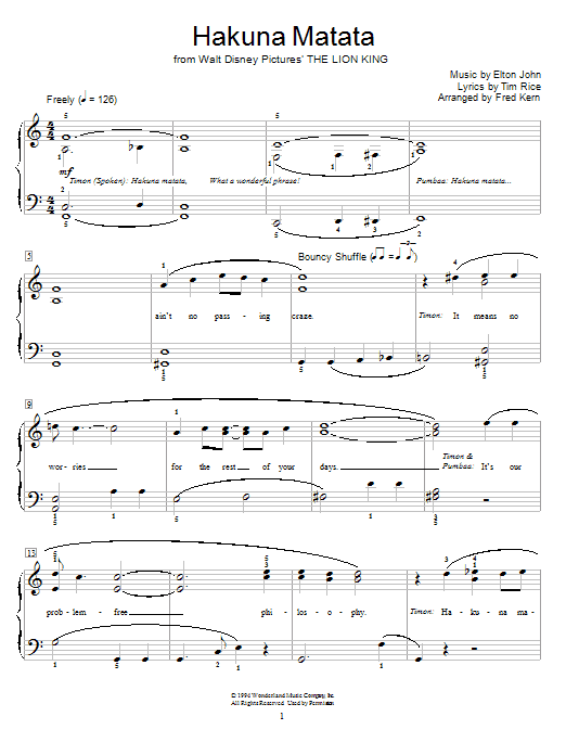 Learn to play Elton John Hakuna Matata sheet music for Educational Piano in minutes. Price: 6.9900$ Elton John Hakuna Matata sheet music notes and chords arranged for Educational Piano