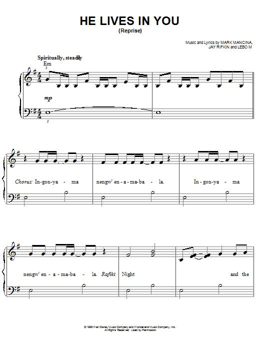 Learn to play Elton John He Lives In You (Reprise) (from The Lion King: Broadway Musical) sheet music for Piano, Vocal & Guitar (Right-Hand Melody) in minutes. Elton John He Lives In You (Reprise) (from The Lion King: Broadway Musical) sheet music notes and chords. Download Printable PDF.