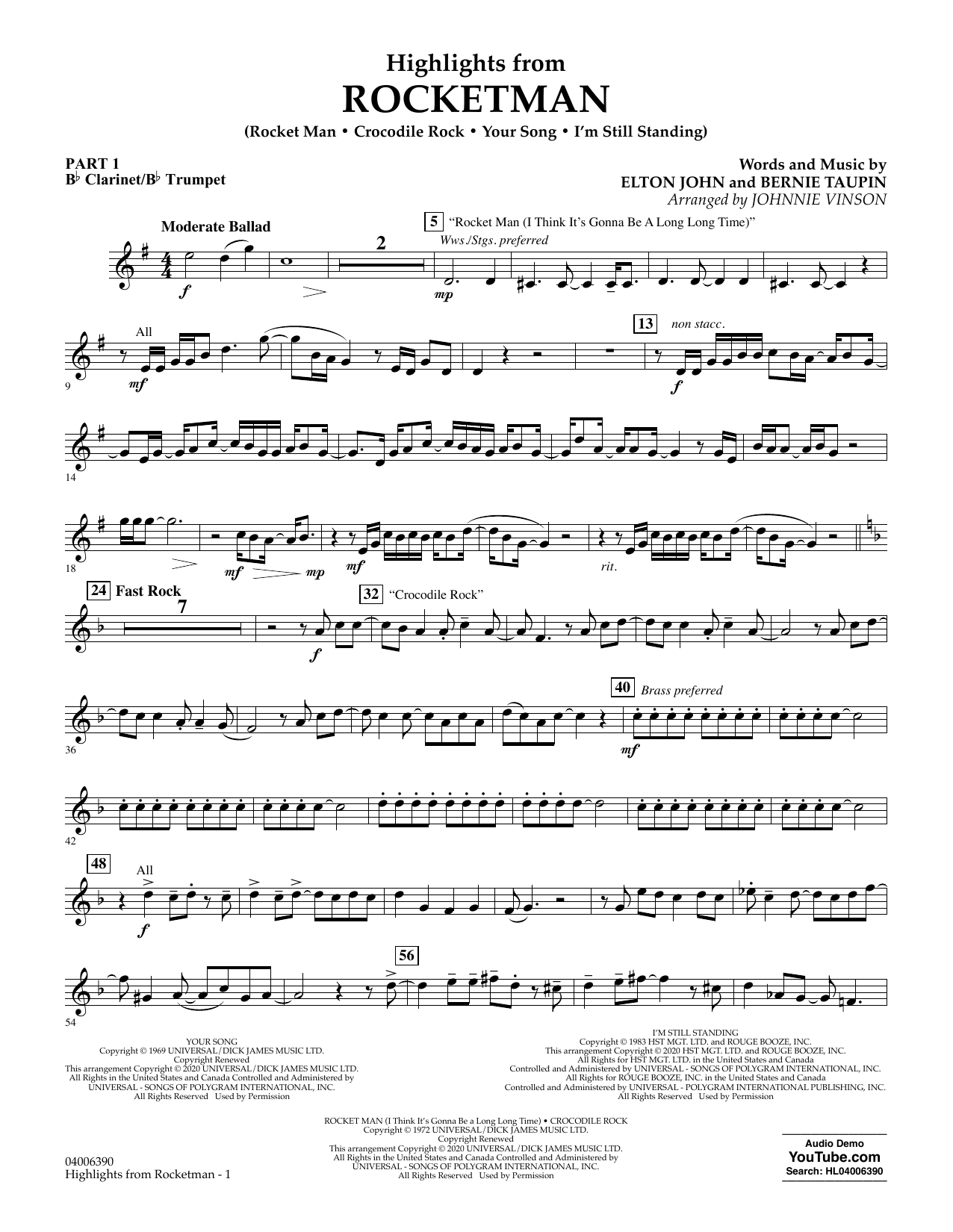 Elton John Highlights From Rocketman Arr Johnnie Vinson Pt 1 Bb Clarinet Bb Trumpet Sheet Music Pdf Notes Chords Pop Score Concert Band Download Printable Sku 438179
