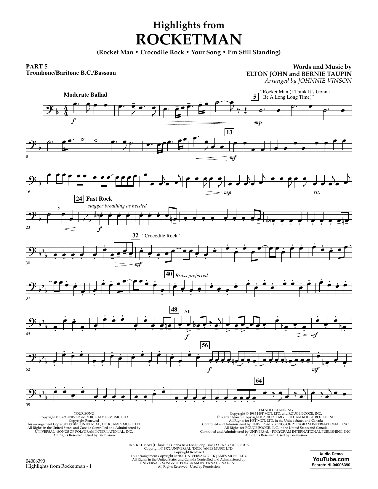 Elton John Highlights From Rocketman Arr Johnnie Vinson Pt 5 Trombone Bar B C Bsn Sheet Music Pdf Notes Chords Pop Score Concert Band Download Printable Sku 438187
