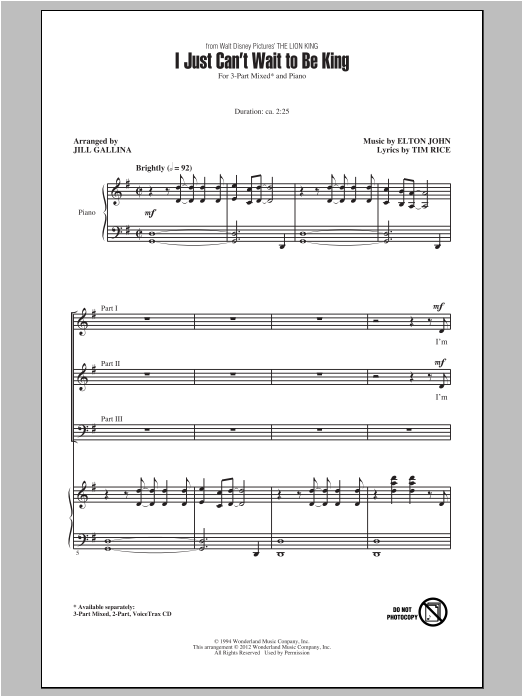 Elton John I Just Can T Wait To Be King Arr Jill Gallina Sheet Music Pdf Notes Chords Broadway Score 2 Part Choir Download Printable Sku