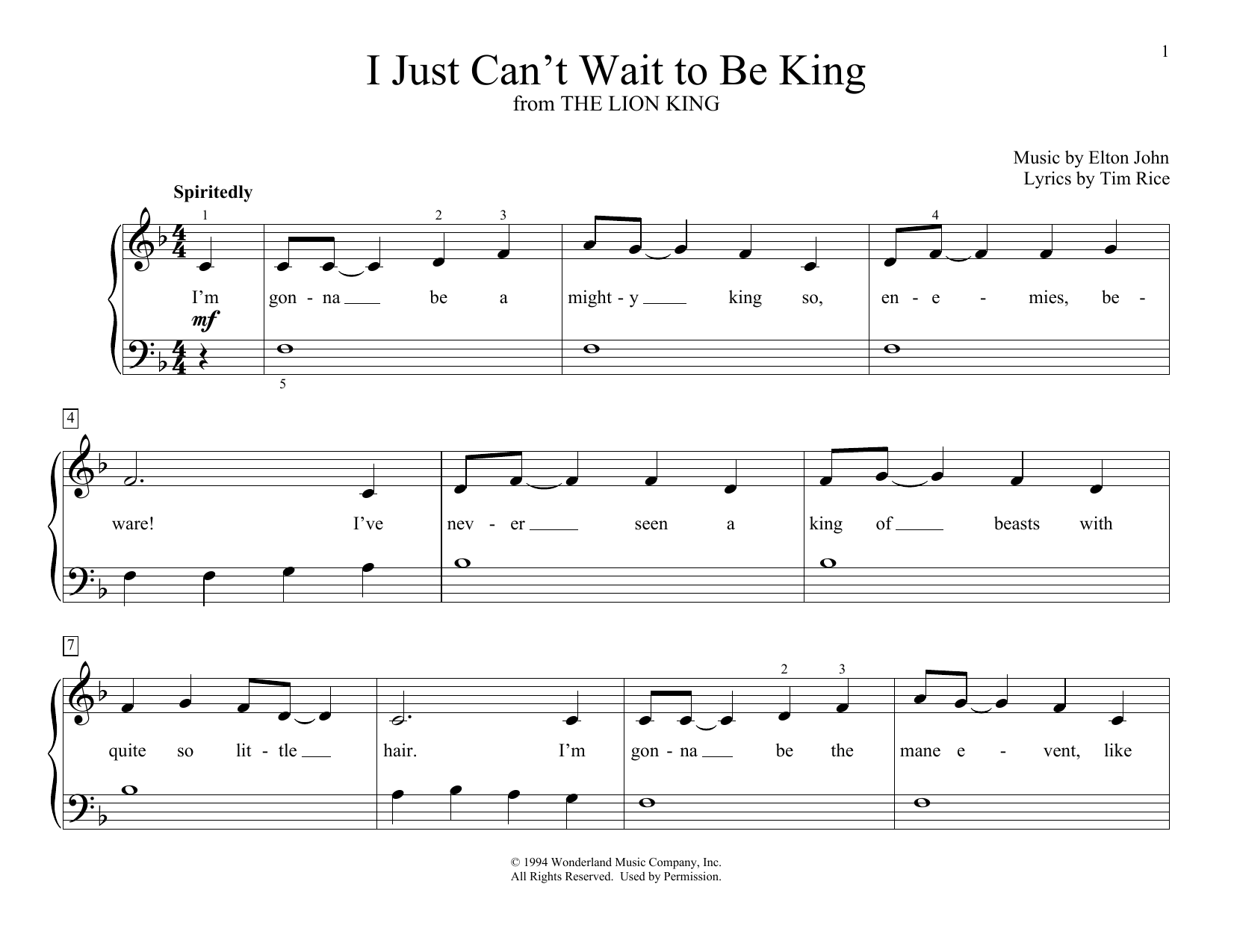 Elton John I Just Can T Wait To Be King From The Lion King Arr Christopher Hussey Sheet Music Pdf Notes Chords Children Score Educational Piano Download Printable Sku