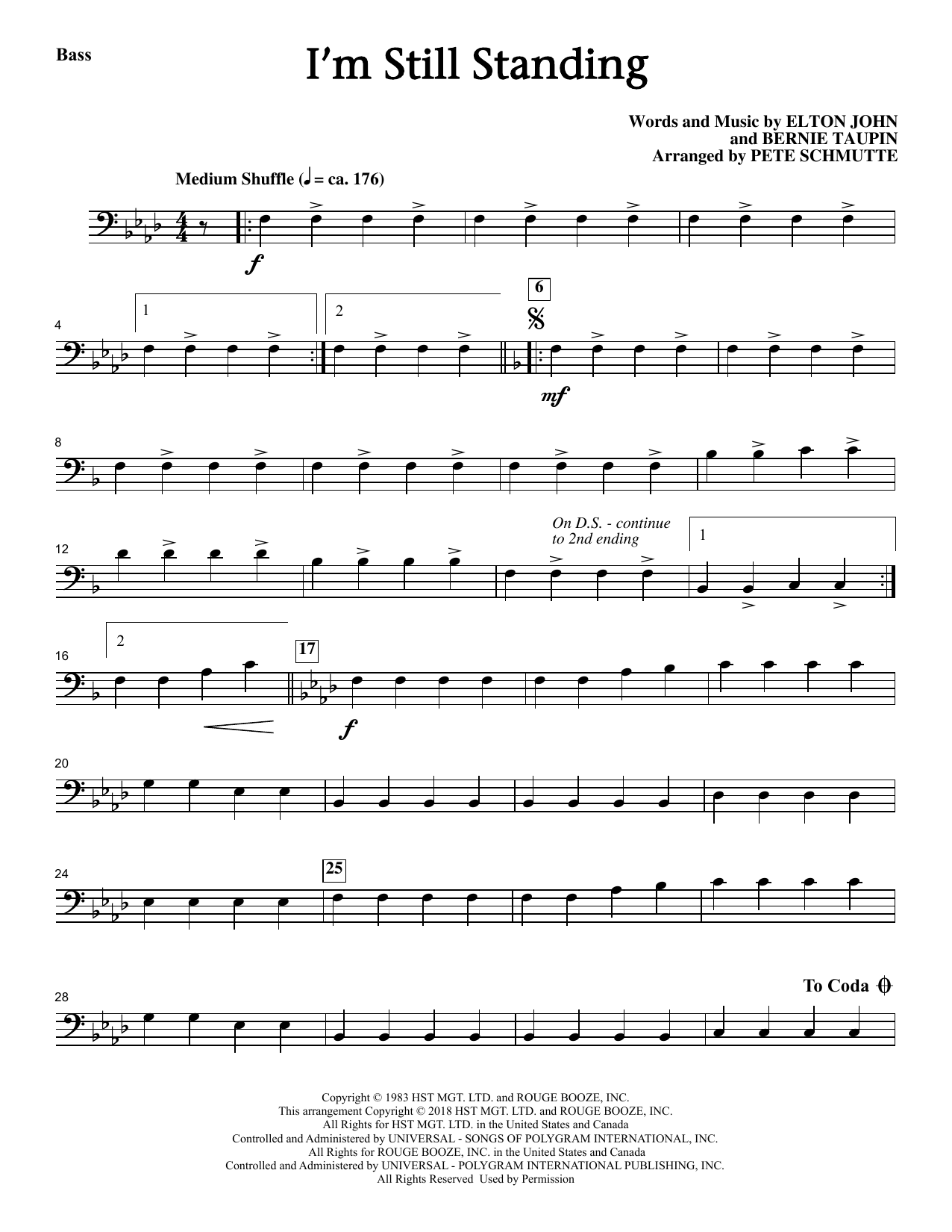 Learn to play Elton John I'm Still Standing (arr. Pete Schmutte) - Bass sheet music for Choir Instrumental Pak in minutes. Elton John I'm Still Standing (arr. Pete Schmutte) - Bass sheet music notes and chords. Download Printable PDF.