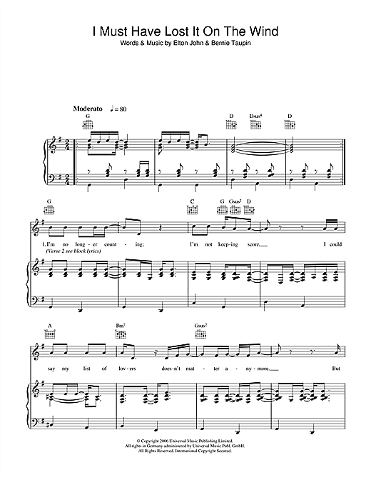 Learn to play Elton John I Must Have Lost It On The Wind sheet music for Piano, Vocal & Guitar in minutes. Elton John I Must Have Lost It On The Wind sheet music notes and chords. Download Printable PDF.