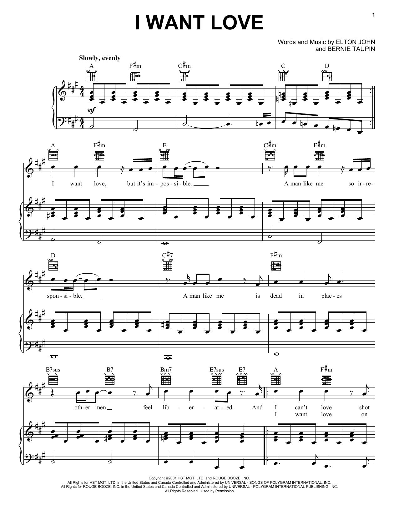 Elton John I Want Love sheet music notes and chords. Download Printable PDF.