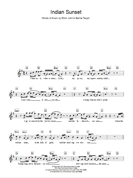 Learn to play Elton John Indian Sunset (Middle section) sheet music for Lead Sheet / Fake Book in minutes. Price: 5.9900$ Elton John Indian Sunset (Middle section) sheet music notes and chords arranged for Lead Sheet / Fake Book