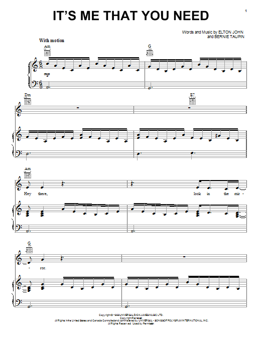 Elton John It S Me That You Need Sheet Music Pdf Notes Chords Rock Score Piano Vocal Guitar Right Hand Melody Download Printable Sku 89768