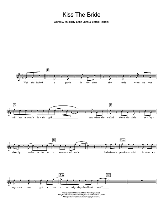 Elton John Kiss The Bride sheet music notes and chords. Download Printable PDF.