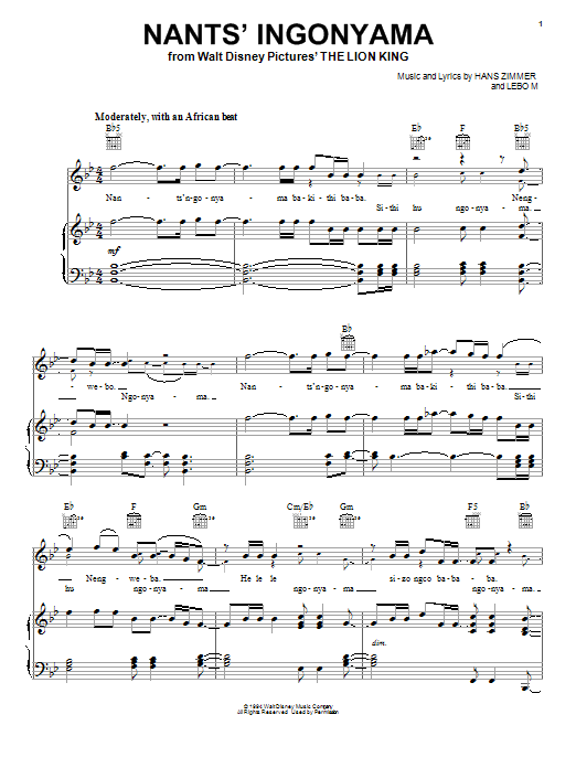 Elton John Nants' Ingonyama sheet music notes and chords. Download Printable PDF.