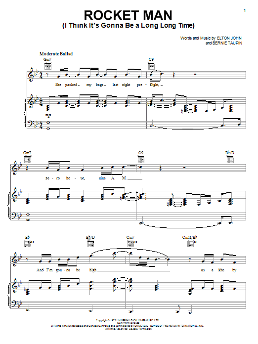 Elton John Rocket Man (I Think It's Gonna Be A Long Long Time) sheet music notes and chords. Download Printable PDF.