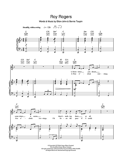 Elton John Roy Rogers sheet music notes and chords. Download Printable PDF.