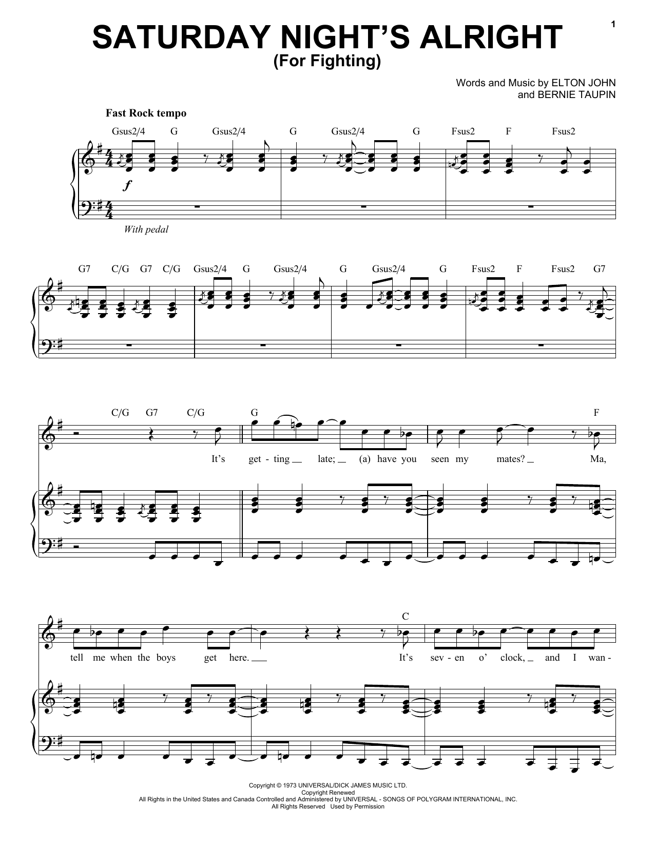 Elton John Saturday Night's Alright (For Fighting) sheet music notes and chords. Download Printable PDF.