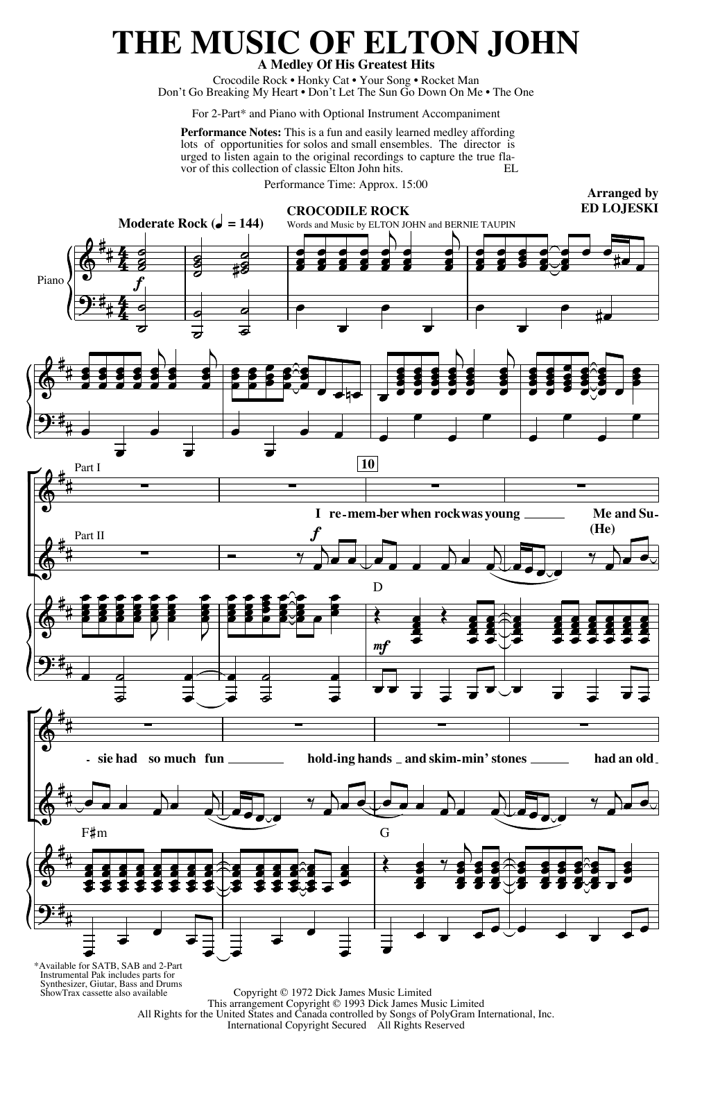 Learn to play Elton John The Music of Elton John (A Medley Of His Greatest Hits) (arr. Ed Lojeski) sheet music for SATB Choir in minutes. Price: 3.9900$ Elton John The Music of Elton John (A Medley Of His Greatest Hits) (arr. Ed Lojeski) sheet music notes and chords arranged for SATB Choir