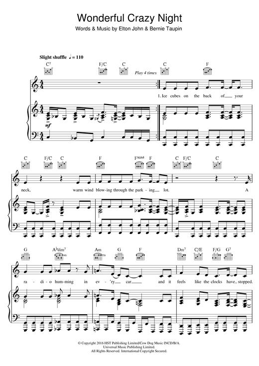 Learn to play Elton John Wonderful Crazy Night sheet music for Piano, Vocal & Guitar (Right-Hand Melody) in minutes. Elton John Wonderful Crazy Night sheet music notes and chords. Download Printable PDF.