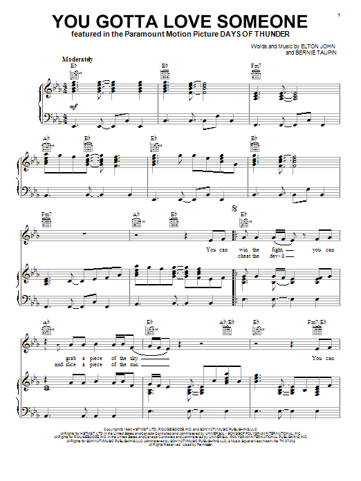 Elton John You Gotta Love Someone sheet music notes and chords. Download Printable PDF.
