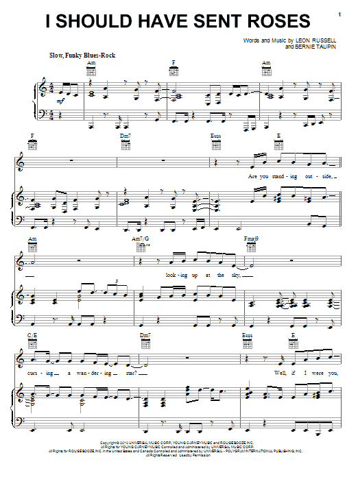Learn to play Elton John & Leon Russell I Should Have Sent Roses sheet music for Piano, Vocal & Guitar (Right-Hand Melody) in minutes. Elton John & Leon Russell I Should Have Sent Roses sheet music notes and chords. Download Printable PDF.