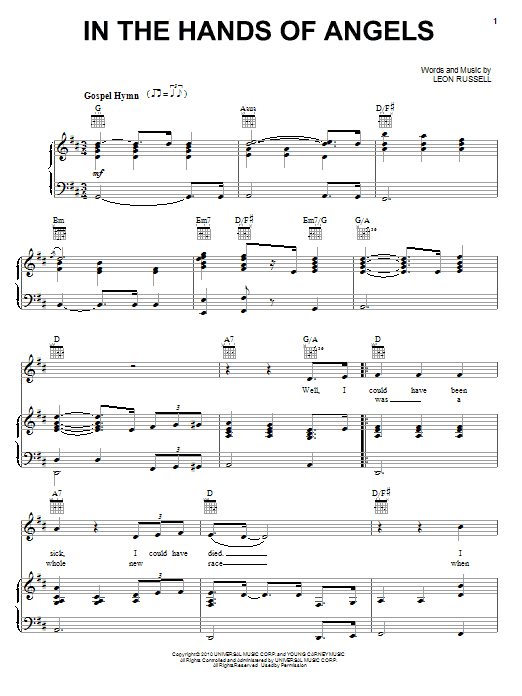 Learn to play Elton John & Leon Russell In The Hands Of Angels sheet music for Piano, Vocal & Guitar (Right-Hand Melody) in minutes. Elton John & Leon Russell In The Hands Of Angels sheet music notes and chords. Download Printable PDF.